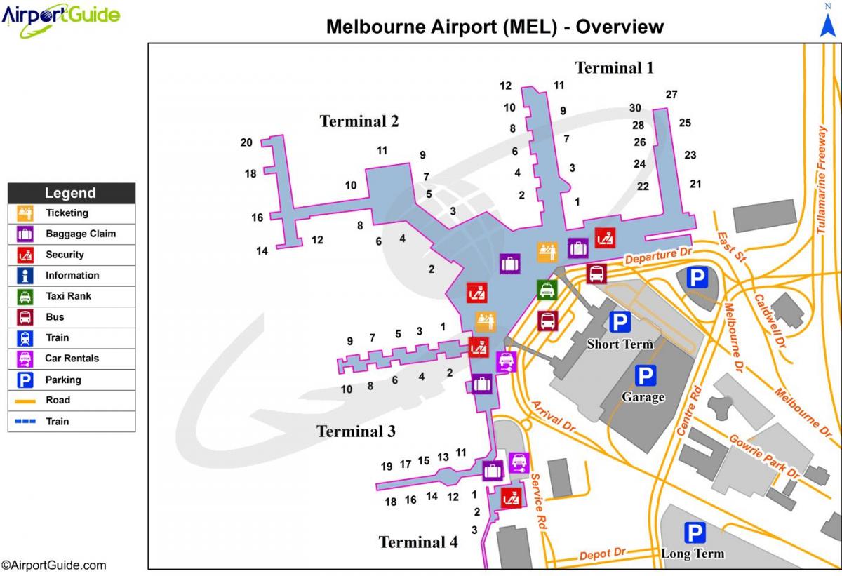 Melbourne flygplats och karta terminal 4